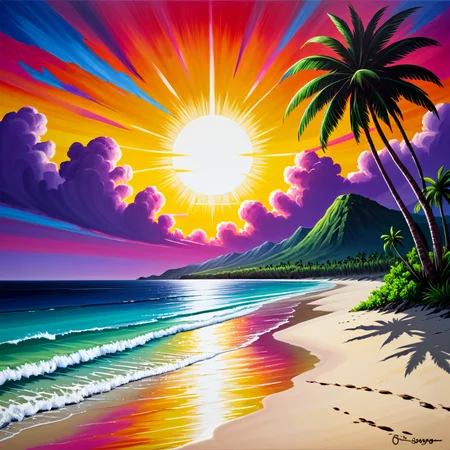 Hard edge painting style with sharp, defined edges between colors, creating a bold and graphic visual impact, MHXL-Pos, Vibrant tropical beach at sunset, with dramatic sky colors reflecting on the calm sea, palm trees swaying gently in the breeze, vivid colors and soft shadows, focusing on the serene beauty of the beach and the tranquil mood of the sunset, hyper-maximalist, extremely intricate, abstract, surreal, vibrant colours, hard edge painting, sharp edges, defined edges, bold, graphic, abstract, minimalist, modern,MHXL-Pos