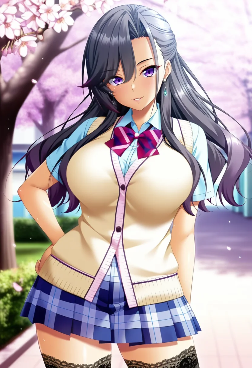 masterpiece, best quality, amazing quality,kyouka saotome, purple eyes, black hair, long hair, ponytail, mature female, 1girl, solo,breasts, school uniform,pleated skirt,lace-trimmed legwear,large breasts, plaid, earrings,black thighhighs, light blue shirt, light yellow cardigan vest, blue skirt, short sleeves,parted lips, light smile, standing, looking at viewer, cowboy shot, blurry background, outdoors, school, cherry blossoms  <lora:kyouka saotomeV1:1>