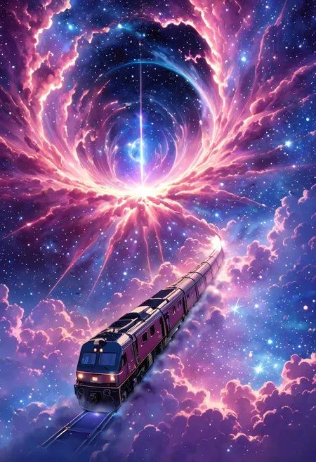 (masterpiece, best quality, highly detailed:1.2), ((a train is passing through the nebula, it's shourded in nebula)), dreamy, scifi fantasy, volumetric, anime style, perfect composition, anzhcdreamwave, multi-colored theme, aesthetic