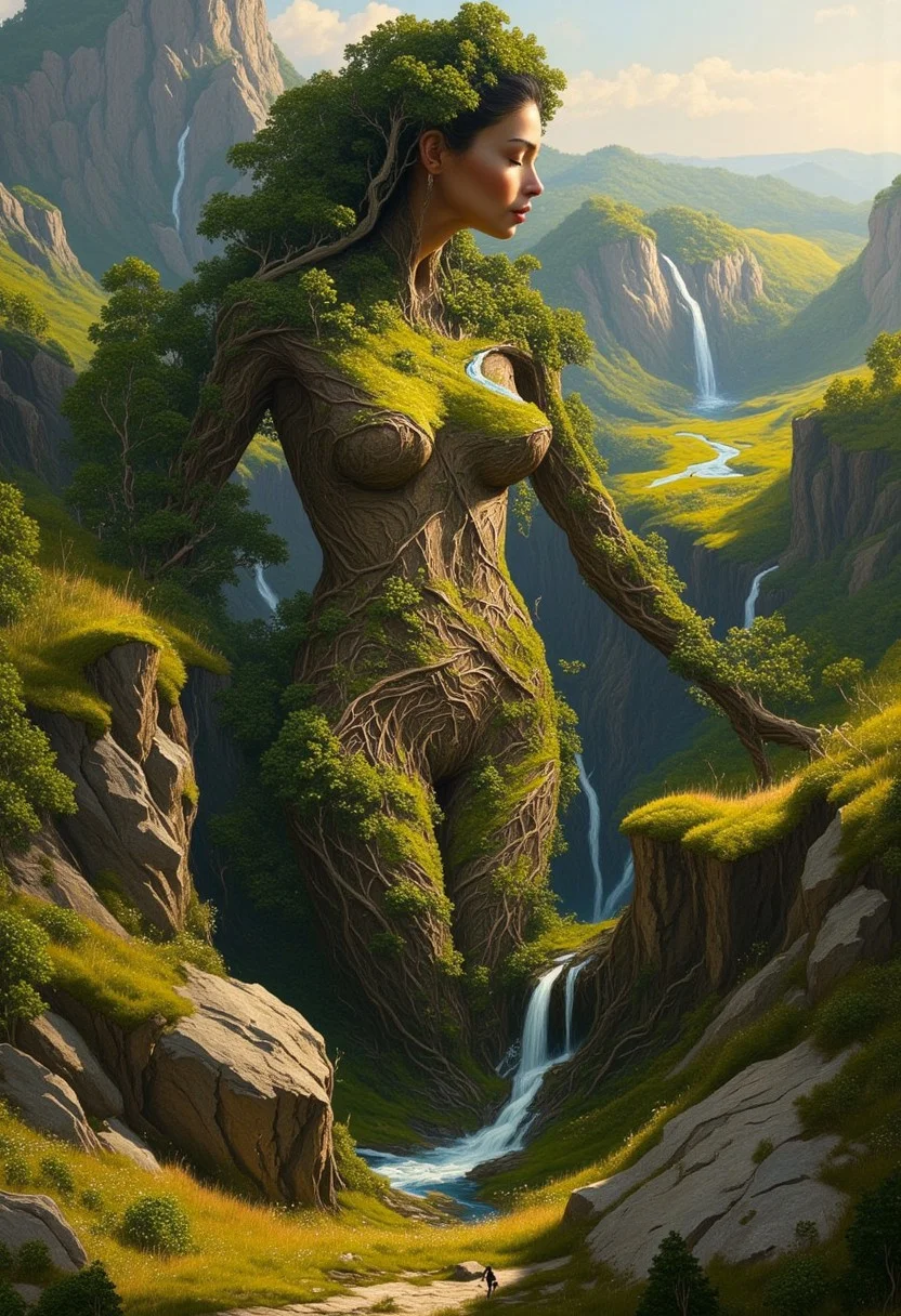 A surreal landscape reveals the subtle form of a woman, the embodiment of Earth's lifeblood, seamlessly blended into the terrain. Her body forms rolling hills and valleys, her shoulders rising as mountain peaks crowned with lush forests. Streams flow from her collarbones, cascading down her chest and merging into rivers that wind through fertile plains. Her skin is a bodysuit, textured with moss, roots, and soil, her contours barely distinguishable yet vital to the environment's existence. Her face emerges gently from the landscape, carved into a rocky cliff with closed eyes and a serene expression, as if she is dreaming the world into being. Her hair flows like a meadow of tall grass and wildflowers, swaying softly in a gentle breeze. Trees grow along the curves of her arms and legs, their roots intertwining with her body. Golden light filters through the misty atmosphere, highlighting her form and blending it with the terrain. A waterfall spills from her abdomen, creating a sparkling stream that nourishes the verdant land below. Her feet stretch deep into the earth, anchoring her as the foundation of the ecosystem, Her body is a sanctuary and the heart of the landscape, both its source and its sustainer. Her form is not the focus, but an inseparable part of the world, a quiet, powerful presence that ties every element of the environment together in harmony.