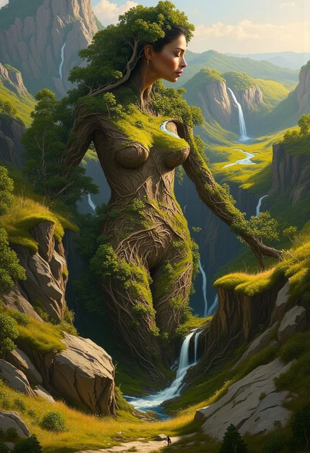 A surreal landscape reveals the subtle form of a woman, the embodiment of Earth's lifeblood, seamlessly blended into the terrain. Her body forms rolling hills and valleys, her shoulders rising as mountain peaks crowned with lush forests. Streams flow from her collarbones, cascading down her chest and merging into rivers that wind through fertile plains. Her skin is a bodysuit, textured with moss, roots, and soil, her contours barely distinguishable yet vital to the environment's existence. Her face emerges gently from the landscape, carved into a rocky cliff with closed eyes and a serene expression, as if she is dreaming the world into being. Her hair flows like a meadow of tall grass and wildflowers, swaying softly in a gentle breeze. Trees grow along the curves of her arms and legs, their roots intertwining with her body. Golden light filters through the misty atmosphere, highlighting her form and blending it with the terrain. A waterfall spills from her abdomen, creating a sparkling stream that nourishes the verdant land below. Her feet stretch deep into the earth, anchoring her as the foundation of the ecosystem, Her body is a sanctuary and the heart of the landscape, both its source and its sustainer. Her form is not the focus, but an inseparable part of the world, a quiet, powerful presence that ties every element of the environment together in harmony.