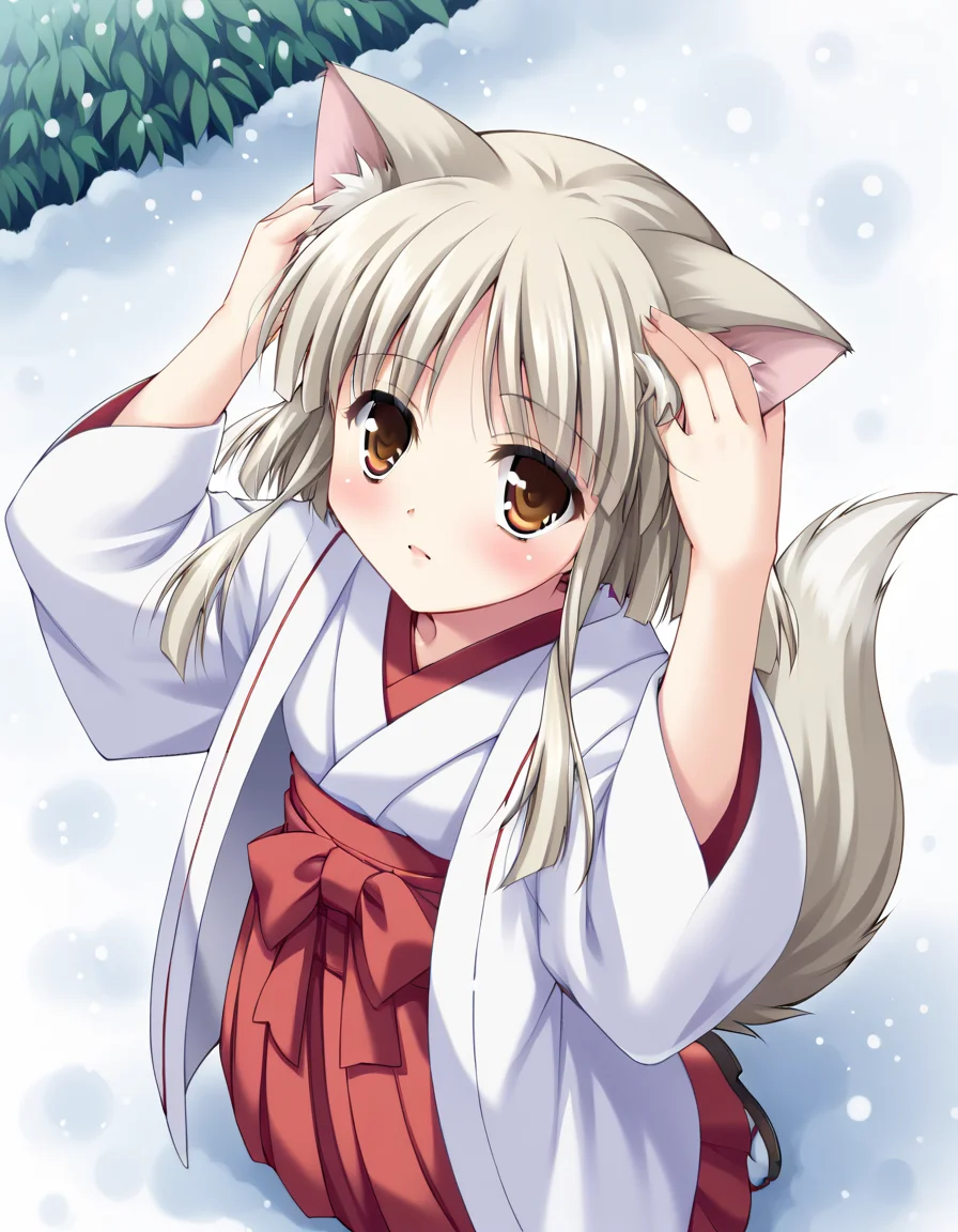 <lora:natsusamaXL_pony_3:0.7> score_9, masterpiece, best quality, 1girl, solo,
natsu-sama, tail, japanese clothes, haori, red hakama,
looking at viewer, winter, snowing, blush, from above, looking up, hands on head