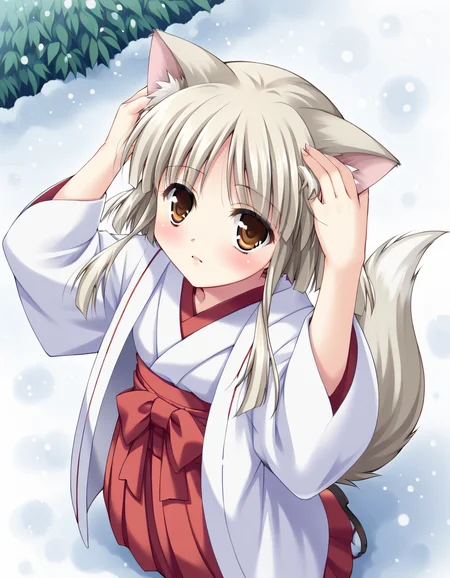 <lora:natsusamaXL_pony_3:0.7> score_9, masterpiece, best quality, 1girl, solo,
natsu-sama, tail, japanese clothes, haori, red hakama,
looking at viewer, winter, snowing, blush, from above, looking up, hands on head