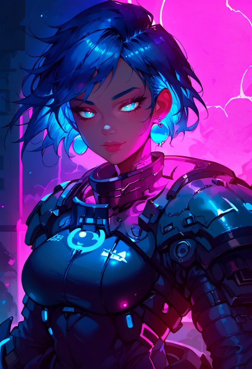 score_9, score_8_up, score_7_up, (((night time, pink lighting)), (dark parking lot), young woman, blues eyes, glowing eyes, detailed face, (seductive expression, looking at viewer), Expressiveh, (blue star earrings), fair skin, large breasts, (multi colored hair, streaked hair, dark blue hair, dark purple hair), (blue colored inner hair), short hair, messy hair, (purple and blue armor, black boots), (street light, car, railing), (depth of field)