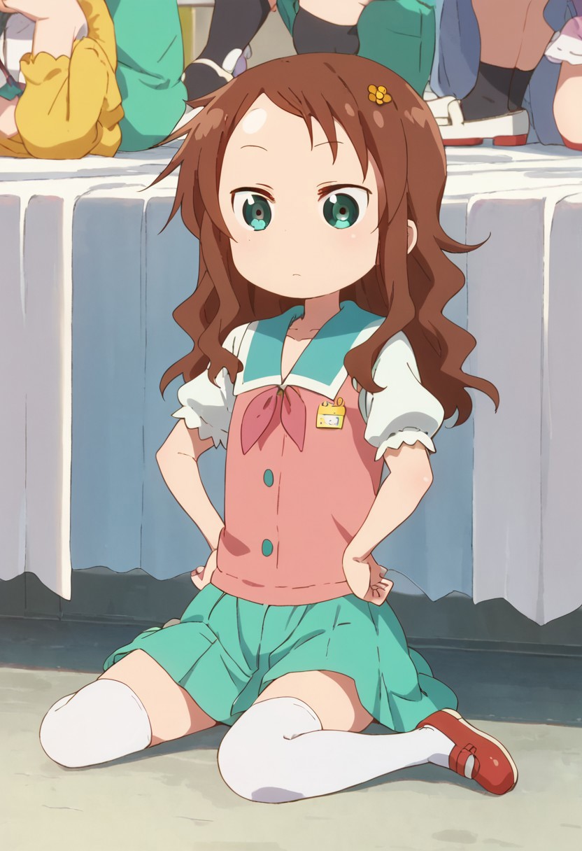 rikos, saisch, long hair, green skirt, brown hair, hair ornament, green eyes, flower, hair flower, school uniform, shoes, socks, uwabaki,  thighhighs,    sitting,   score_9, score_8_up, score_7_up, ,source_anime, best quality, masterpiece,   , full body view,  1girl , solo , girl focus , hands on hips,