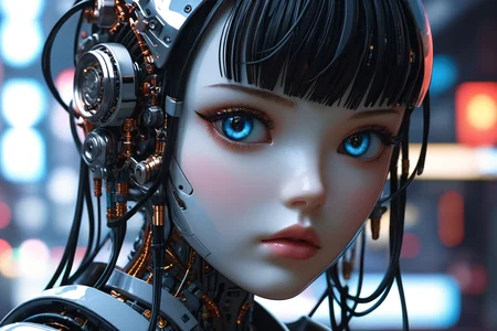 Create a portrait of a porcelain doll with mechanical features, inspired by the cyberpunk aesthetic. The doll should have glowing cybernetic eyes and intricate anodized titanium mechanisms that are highly detailed. Incorporate ribbon cables, wires, and other cybernetic components to enhance the futuristic look. The style should be reminiscent of Shirow Masamune's work, particularly from 'Ghost in the Shell.' The doll should blend elements of traditional anime with cyberpunk influences, showcasing a harmonious mix of delicate porcelain and advanced technology. The overall composition should be a key visual, capturing the essence of the character with a focus on the doll's glowing eyes and intricate mechanical details. The background should complement the cyberpunk theme, possibly with a hint of a high-tech environment, to complete the scene.
(Dramatic Lighting, Photography, 3D Illustration, Vibrant Colors, Exquisite Detail, Award Winning, Stunning) <lora:MJ52:0.5> epiCPhoto