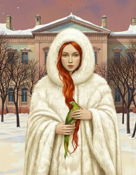 By Anna & Elena Balbusso. A surreal digital illustration shoot from a frontal camera angle about a woman with long, flowing red hair wearing a white fur cloak, holding a green bird in her hands, standing in a snowy landscape with bare trees and a large, ornate building in the background. the woman, who appears to be in her early twenties, has a serious expression and is positioned in the middle of the image, with her upper body facing the viewer. she has light skin and is wearing a long, fluffy white fur cape that covers her head and shoulders. her red hair cascades down her back, framing her face and adding a touch of elegance to her otherwise monochromatic appearance. the bird, which is a vibrant green, is perched on her right arm, adding a sense of movement and life to the image. the background features a soft, muted color palette with hints of pink and purple, giving the image a dreamy, ethereal quality.