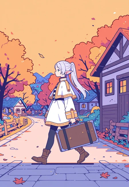 1girl, frieren, elf, walking, holding case, outdoors, side view, wooded village, Flatline, Flat vector illustration, autumn