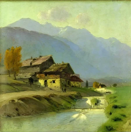 agierymski landscape of a house by a stream, mountains in the background<lora:agierymski:1>