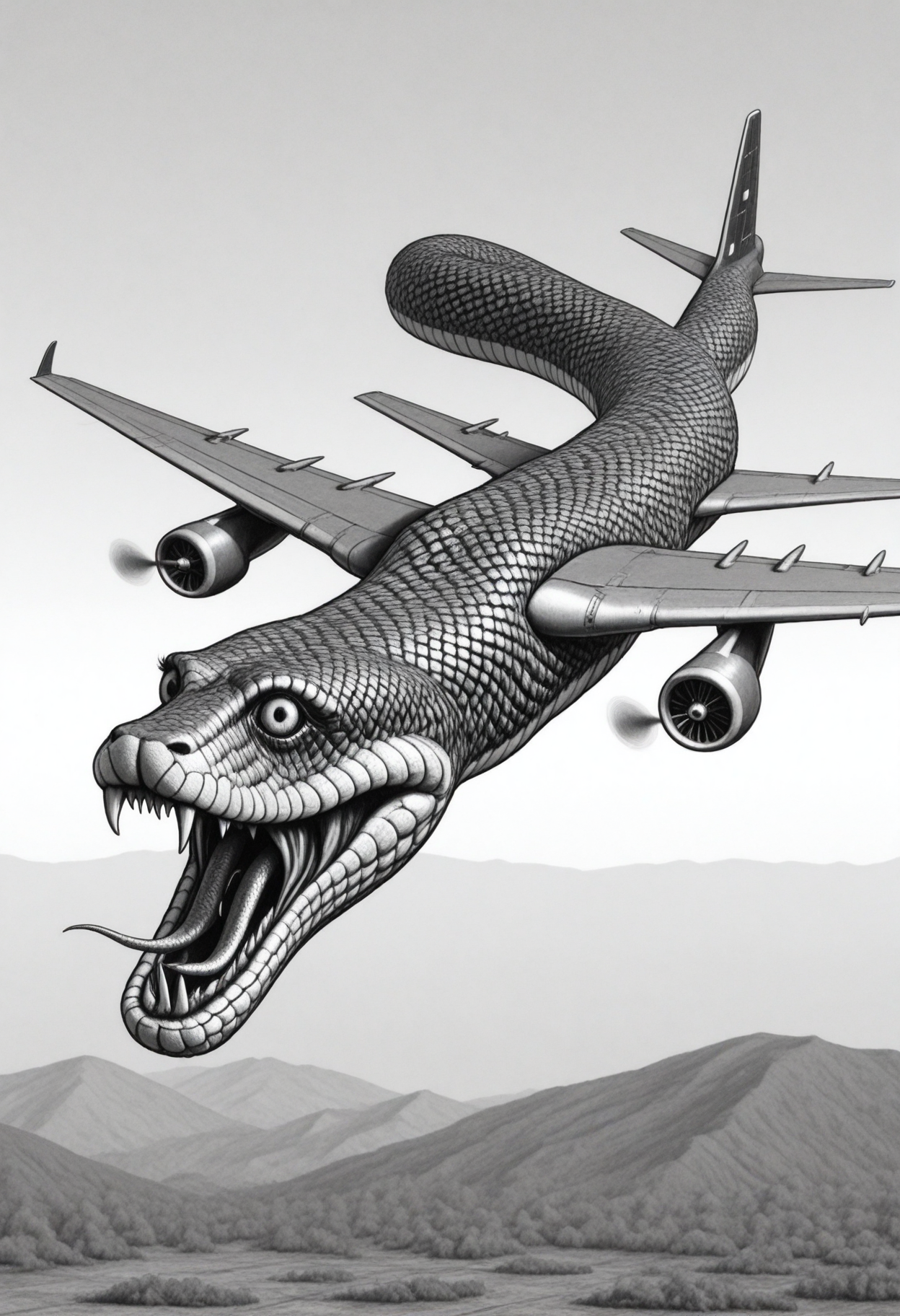  itou junji \(style\), jitostyle, monochrome, greyscale, horror (theme),  snakeplane aircraft, wings, scales, fangs