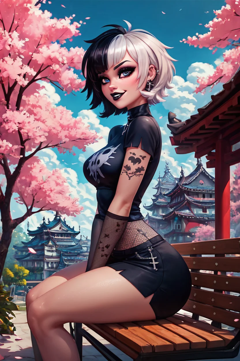 score_9, score_8_up, score_8, medium breasts, (curvy), cute, eyelashes, BREAK, , ,,, <lora:GothMavis_PDXL:0.8>, zzGothMavis, black hair, white hair, makeup, short hair, black lips, multicolored hair, two-tone hair, ear piercing, eyeshadow, gothic, shirt, lipstick, tattoo, turtleneck, cross ,,, , BREAK, sitting on bench, side view, smile, looking at viewer, cowboy shot, ,,, BREAK, pnkBldng, sky, day, cloud, tree, blue sky, building, architecture, east asian architecture, ,,, BREAK, embedding:zPDXL, Expressiveh, ,,, <lora:PinkBuildingsPDXL_v2:0.6>, <lora:SDXLFaeTastic2400:0.5>, <lora:Expressive_H-000001:0.4>