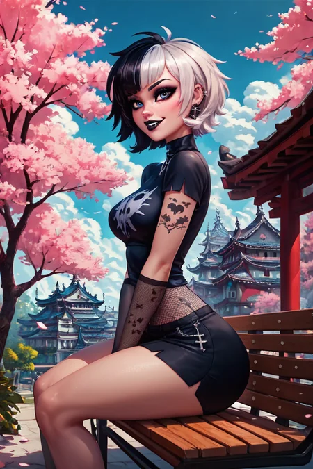 score_9, score_8_up, score_8, medium breasts, (curvy), cute, eyelashes, BREAK, , ,,, <lora:GothMavis_PDXL:0.8>, zzGothMavis, black hair, white hair, makeup, short hair, black lips, multicolored hair, two-tone hair, ear piercing, eyeshadow, gothic, shirt, lipstick, tattoo, turtleneck, cross ,,, , BREAK, sitting on bench, side view, smile, looking at viewer, cowboy shot, ,,, BREAK, pnkBldng, sky, day, cloud, tree, blue sky, building, architecture, east asian architecture, ,,, BREAK, embedding:zPDXL, Expressiveh, ,,, <lora:PinkBuildingsPDXL_v2:0.6>, <lora:SDXLFaeTastic2400:0.5>, <lora:Expressive_H-000001:0.4>