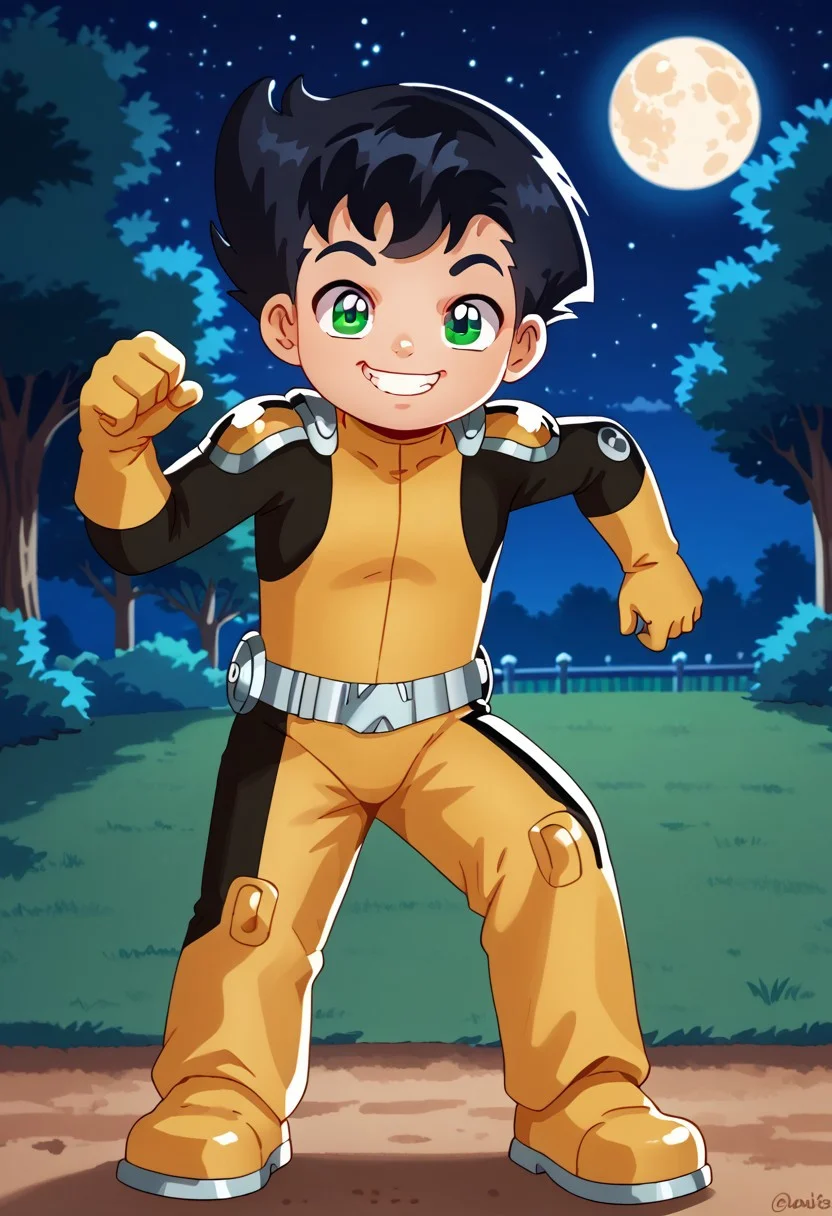 score_9, score_8_up, score_7_up, highly detailed, CuteCartoonStyle, cute boy, 1boy, solo,  Tony_Clark, Black Hair, Green Eyes, Dark Skin, Yellow Bodysuit, Yellow Gloves, Yellow Pauldrons, Yellow Boots, Belt,  at night, full moon, running, motion blur, smug smile, park
DSCStyle, round eyes, exaggerated proportions, cartoonish features, anime-inspired, cute aesthetics, cartoonish proportions, highlights,smooth lines, glossy highlights, minimal detail, clean outlines, consistent line weight, gentle highlights