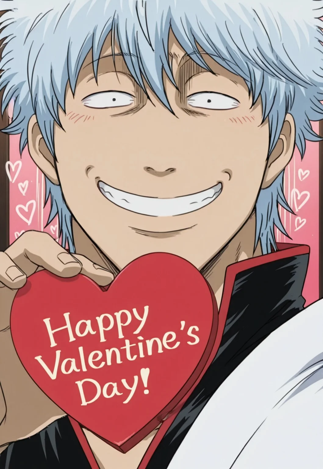 Text:" Happy Valentine's Day!"
 bar background, 
1man, solo, face focus, sakata gintoki(gintama), gintama_funny_face, male focus, smile, teeth, impact lines,
Text saying:" Happy Valentine's Day!"
