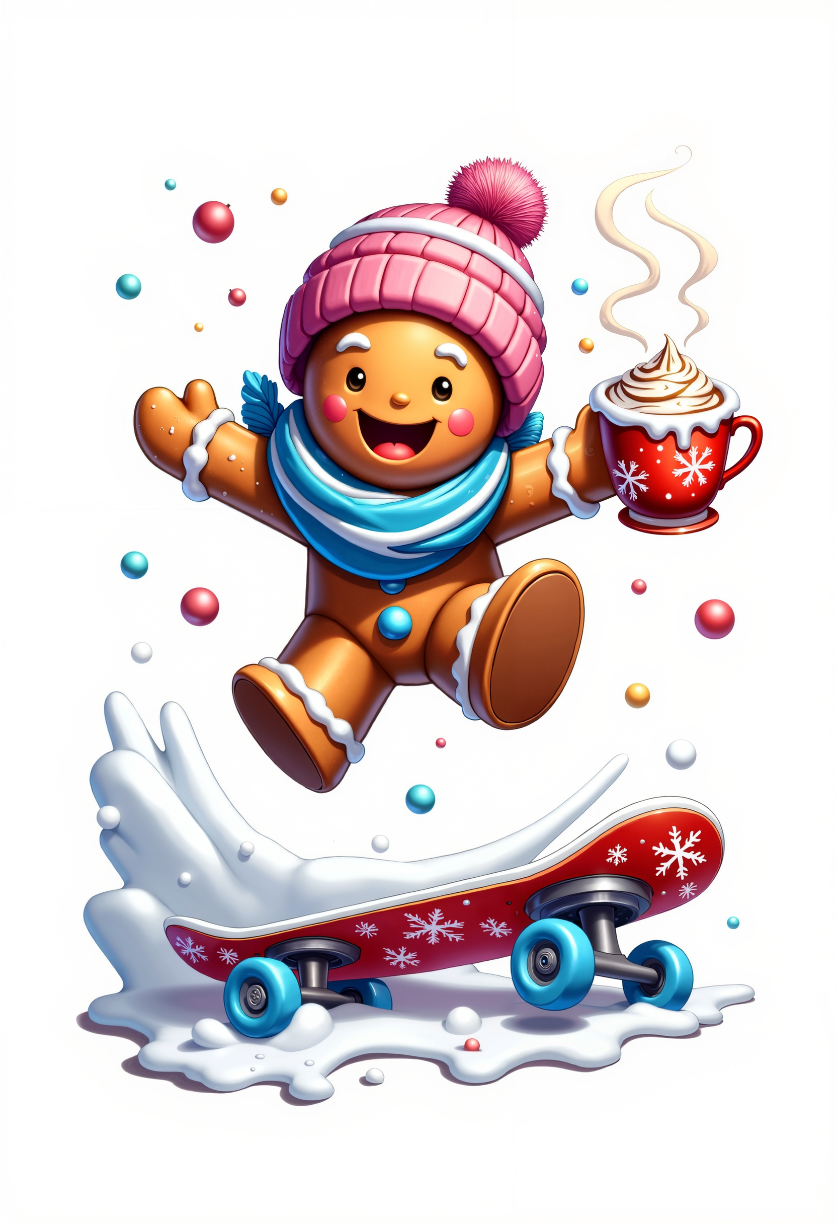 bo-christmas, christmas mood, magical christmas, a digital drawing in a vibrant, cartoonish style, it depicts a gingerbread man in mid-air, performing a skateboard jump, the man is depicted with a cheerful expression, wearing a pink knitted beanie with a pom-pom on top, and a blue and white striped scarf around his neck, his body is covered in white icing, giving it a festive, holiday look, the skateboard he is on is red with white snowflakes and blue wheels, and it is decorated with white and red patterns, the background is a plain white, ensuring that the focus remains on the man and his skateboard, there are also small, colorful, snowflake-like ornaments scattered around the image, adding to the festive atmosphere, in the right hand, there is a steaming cup of hot chocolate, with frothy, frothy steam rising from it, suggesting it is hot, the overall color palette is bright and cheerful, with a mix of warm and cool tones, enhancing the holiday theme, high quality, ultra detailed, colorful, abstract, fantasy.<lora:Flux\boFLUX Christmas Dreams.safetensors:1.0:1.0>
