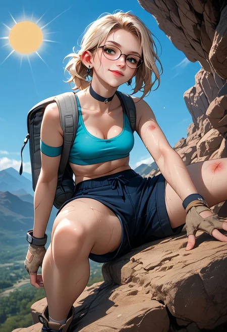 masterpiece, score_9, score_8_up, score_7_up, 1girl, medium ponytail light blonde hair, green eyes, (playful smile), earrings, choker, bruised, abrasions, scratches, sweaty, dirty, dirty clothes, finger-less gloves, arm band, backpack, glasses, hiking boots, sun rays, (mountain climbing):1.1, climbing, climbing gear, summer day, desert mountains, hot, aqua sport bra, ripped sport bra, (no bra), ripped shorts, dolphin shorts, (full body):1.1, below view, from behind, sitting, looking at viewer, midriff:1.1, small breasts, cleavage, wet