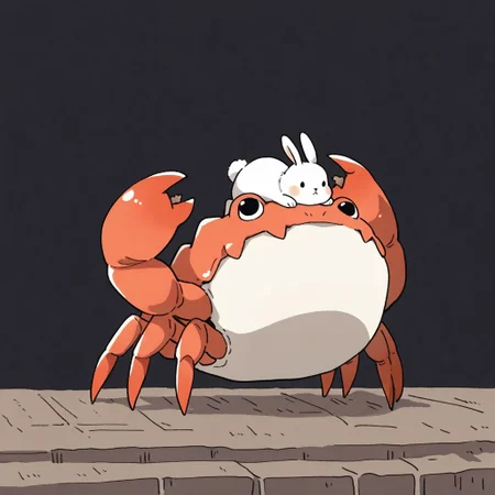 (masterpiece, best quality, high quality, highres), very awa, highres, absurdres,
chii-kun \(seedyoulater\), (naguru \(cyoroama\):0.8),
(no humans:1.1), cute, full body, tiny white bunny standing on a back of giant red crab,
simple black background,