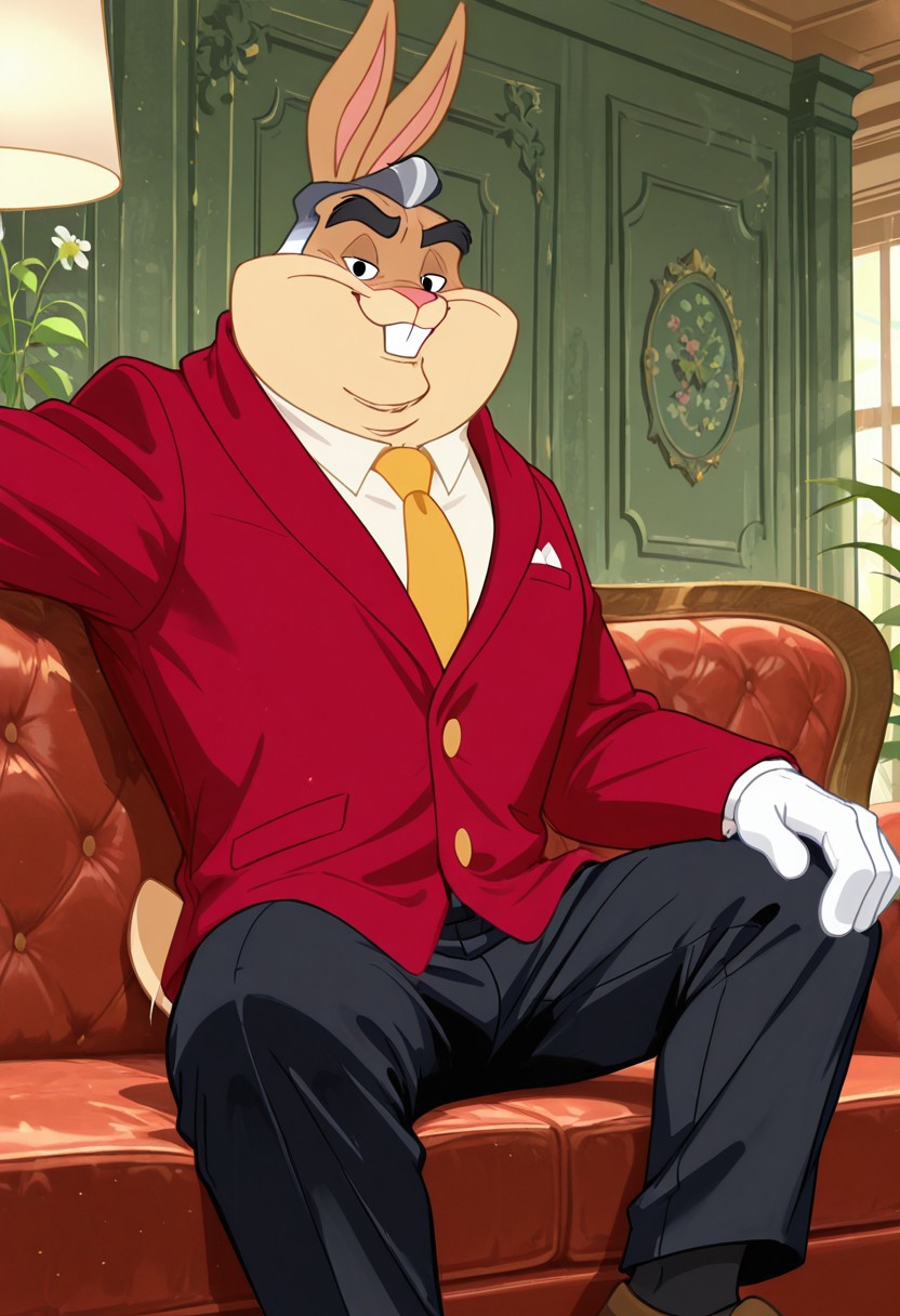 masterpiece, best quality, amazing quality, very aesthetic, absurdres, newest,  high quality, detailed, male, solo male, WalterBunny, 1boy, mature male, male, athletic build, rabbit, black eyes, tan fur, light underbelly, black and grey hair, broad shoulders, white shirt, yellow tie, red jacket, black pants, half body, indoors, sitting on couch, smiling, volumetric lighting, one leg over the other, looking at viewer