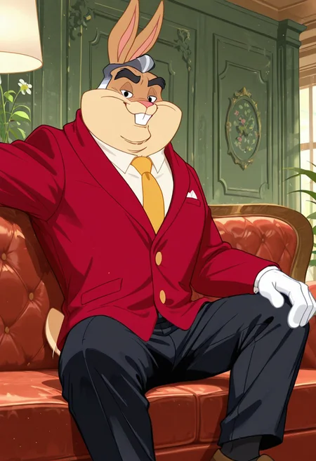 masterpiece, best quality, amazing quality, very aesthetic, absurdres, newest, high quality, detailed, male, solo male, WalterBunny, 1boy, mature male, male, athletic build, rabbit, black eyes, tan fur, light underbelly, black and grey hair, broad shoulders, white shirt, yellow tie, red jacket, black pants, half body, indoors, sitting on couch, smiling, volumetric lighting, one leg over the other, looking at viewer