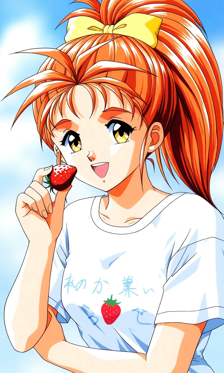general,highres, ultra-detailed,very aesthetic,best quality ,best hands, BREAK <lora:Saotome_Yumi_Tokimeki_Memorial_IS:1>
Saotome_Yumi(Tokimeki_Memorial), 1girl, solo, Yellow eyes, orange hair, hair bow, high ponytail,  long hair, small breasts,
open mouth, happy,
bow,  shirt,  print shirt, strawberry,
smile, looking at viewer, food print, t-shirt,  short sleeves,  upper body,