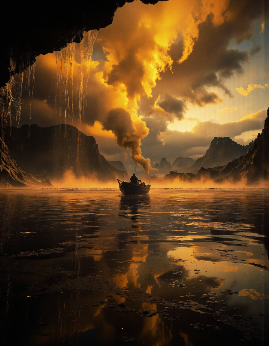 A highly detailed cinematic photography.
Boat, dripping, water, reflections, transparency, provoking, vivid color, Mordor: A dark and evil land ruled by the dark lord Sauron, Ernst Haas,  golden hour. <lora:landscape:1>