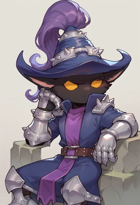 score_9, score_8_up, score_7_up, score_6_up, v3igar, 1boy, male focus, yellow eyes, yordle, hat, coat, armored shoes, belt, armor, gauntlets,
<lora:Veigar_Default_v2:1>, head rest