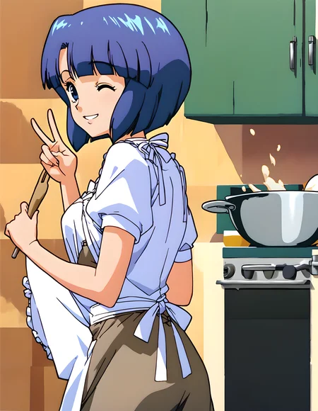 <lora:pony_xl_miki>,miki,score_9,score_8_up,score_7_up,source_anime,best quality,masterpiece,super fine illustration,1girl,kitchen,cooking,apron,shirt,skirt,smile,one-eyed wink,peace sign,looking_back,