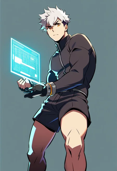 cartoon art style, adult, no shoes on, ((masterpiece)), ((best quality)), ((ultra-detailed)), score_9_up, score_8_up, score_7_up, HD, top quality, best quality, High-quality illustrations, anime screencap, masterpiece, best quality, amazing quality, (Cartoony), thick outlines, 1boy, BREAK man male guy, platinum hair, short hair, messy hair, curly hair, dark side fade hair, dark side cut hair, robotic orange eyes, holographic eyes, defined chin, chiseled face, athletic slim body, light skin tone, black shorts, plain silver gray shirt, standing, BREAK simple blank background