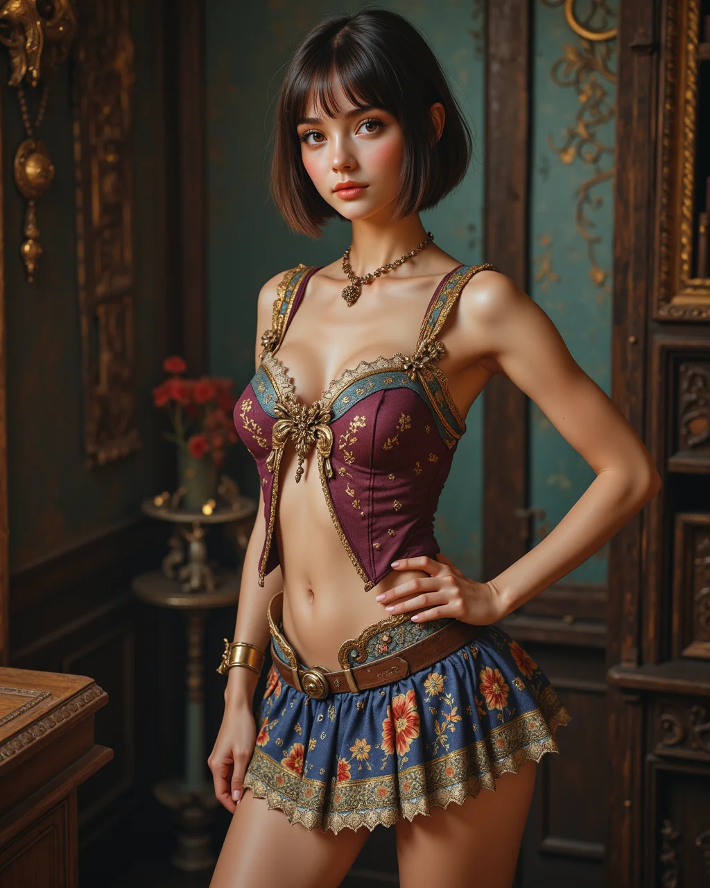 raw photo of a beautiful 20 yr old european women supermodel in mini-skirt, full body view, (Fantasy), magical, mythical, medieval clothing, colorful, realistic, detailed, textured, smooth clear blemish free skin, no freckles, short hair with bangs, large round eyes, glossy lips, by Alex Huguet, Mike Hill, Ian Spriggs, JaeCheol Park, Marek Denko,