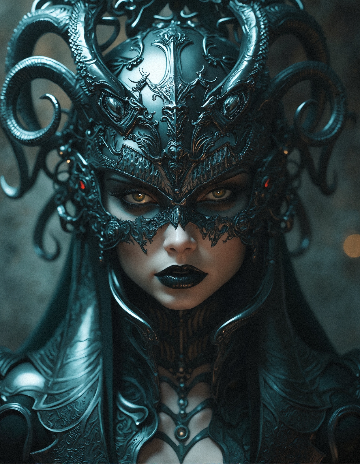 Hollywood Cinematic Film style, epic photography, dramatic light, Kodak film style,
A cyber-gothic goddess in an ornate biomechanical headdress, her intricate mask adorned with twisting, serpentine tentacles crafted from obsidian metal, detailed with elegant baroque engravings. Her eyes are hidden behind darkened, reflective lenses that glow faintly with a supernatural luminescence, her lips painted a deep, glossy black. The mask’s tentacles curl outward, resembling a fusion of steampunk and Lovecraftian horror, with mechanical gears subtly embedded into the organic design. The shadows envelop her form, casting an ethereal glow upon the intricate engravings of her attire, which is a dark, regal combination of Victorian elegance and cyberpunk aesthetics. Her presence is both alluring and menacing, exuding an aura of ancient power and futuristic mystique. The background fades into intricate, gothic patterns and swirling mist, creating a hauntingly beautiful and atmospheric scene.
 <lora:FluxDFaeTasticDetails:0.3> <lora:MoriiMee_Gothic_Niji_Style_FLUX:0.4> <lora:realism_lora_comfy_flux_converted:0.7000000000000001>