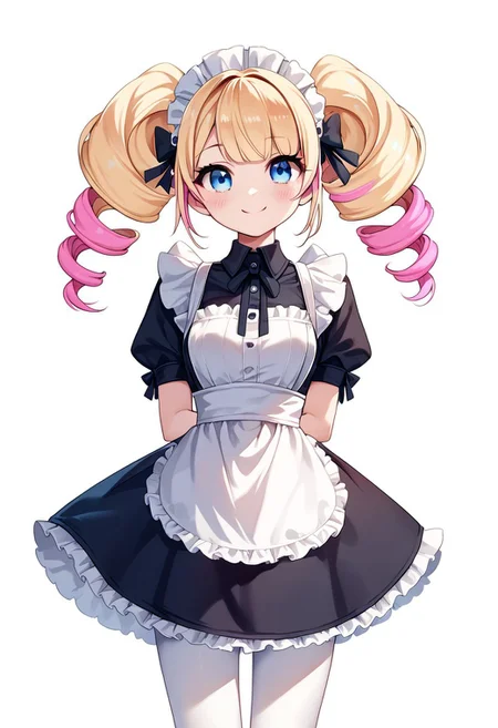 source_anime, score_9_up, score_8_up, score_7_up, rating_questionable, simple background, white background,  
blushing, cute, arms behind back, smiling, gwen_cafe_cuties, blue eyes, multicolored hair, blonde hair, pink hair, twin drills, maid headdress, white pantyhose