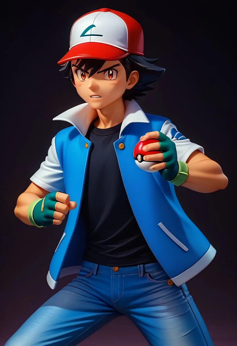 score_9, score_8_up, score_7_up, source_anime, high resolution,
figure, solo, 1boy, ash_kanto, black hair,
baseball cap, black t-shirt, blue jacket, open jacket, short sleeves, white sleeves, jeans, fingerless gloves,
action pose, holding poke ball,
cowboy shot, dark background, vivid lighting, best quality, realistic,