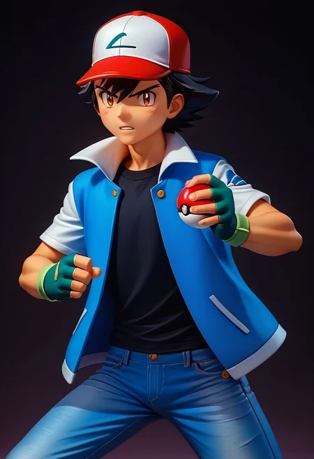 score_9, score_8_up, score_7_up, source_anime, high resolution,
figure, solo, 1boy, ash_kanto, black hair,
baseball cap, black t-shirt, blue jacket, open jacket, short sleeves, white sleeves, jeans, fingerless gloves,
action pose, holding poke ball,
cowboy shot, dark background, vivid lighting, best quality, realistic,