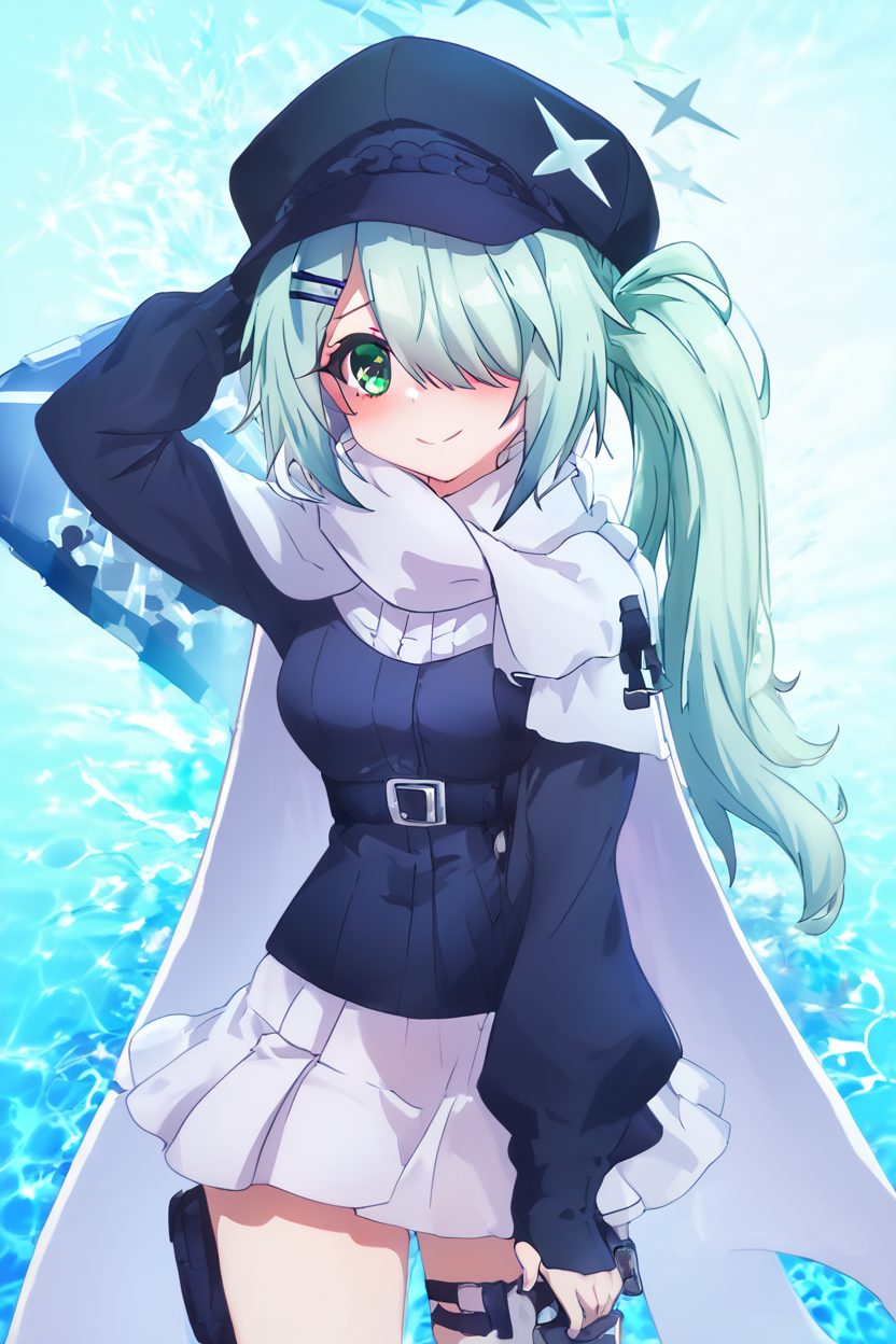 score_9, score_8_up, score_8, medium breasts, (curvy), cute, eyelashes,       BREAK, , ,,,  zzHiyori, long hair, hair over one eye, side ponytail, hairclip, hair ornament, aqua hair, green eyes, black headwear, hat, cabbie hat, long sleeves, white skirt, belt, white scarf, <lora:Hiyori_BlueArchive_PDXL_v2:0.8>,   ,,,, BREAK, (warm colors), smile, looking at viewer, cowboy shot, ,,, embedding:zPDXL, Expressiveh, ,,, <lora:PrismaIllya_PDXL_v3:1.0>, <lora:SDXLFaeTastic2400:0.5>, <lora:Expressive_H-000001:0.4>,