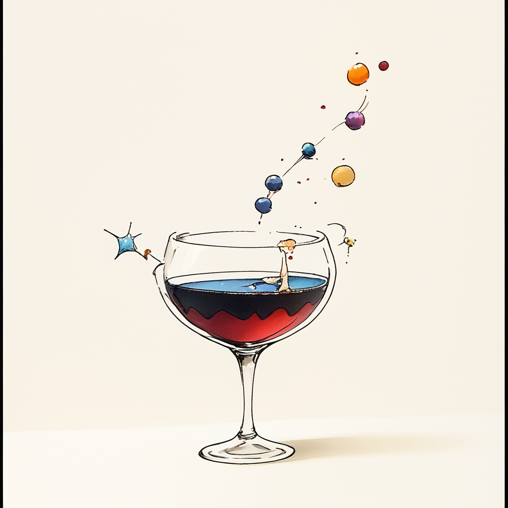 Score_9, score_8_up, score_7_up, score_6_up, BREAK  <lora:Delicate_WhimsyPony:1> ArsMJStyle, Delicate Whimsy, The image shows a drawing of a wine glass filled with colorful balls with text written on it., no humans, simple background, border, cup, white background, black border, traditional media, signature, still life, food