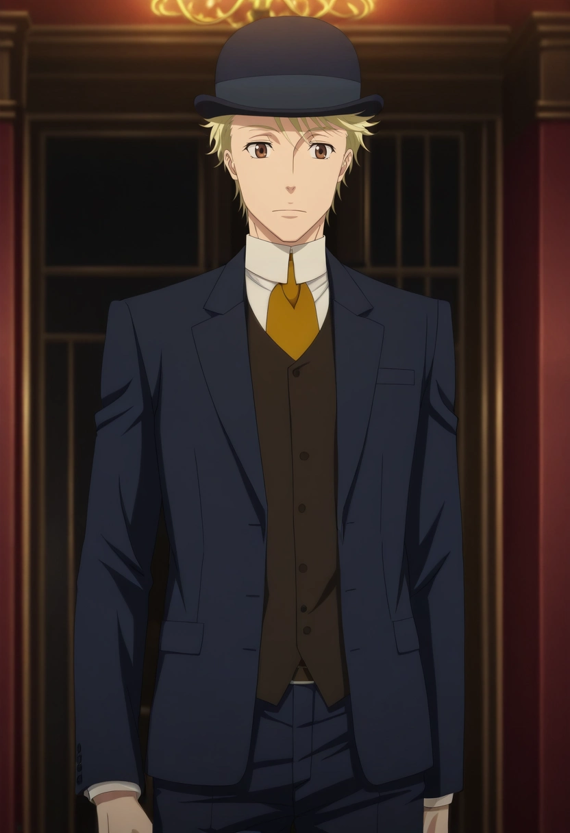 masterpiece, best quality, anime screencap, official style, anime coloring, cowboy shot, 1boy, solo, male focus, <lora:john_h_watson_ilxl:0.96>, john_h_watson, blonde hair, brown eyes, short hair, hat, formal, necktie, suit,