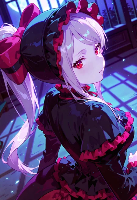BREAK close-up, depth of field, ambience sense, perspective, dynamic angle, from side, crisp detail, crisp edges, harsh lighting, harsh shadows, anime eyes, detailed anime eyes

BREAK illushalltear, pale skin, red eyes, long hair, ponytail, hair bow, bonnet, black dress, long sleeves, frilled dress, 748cmstyle, gbf_style, warm light style

BREAK night, shadow, moonlight

BREAK very awa, masterpiece, amazing quality, absurdres, newest, very aesthetic