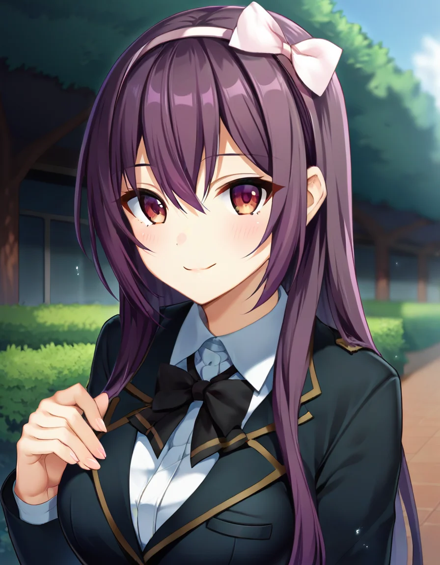 score_9,score_8_up,score_7_up,score_6_up BREAK official art,solo,outdoors,upper body,(portrait:1.5),looking at viewer,facing viewer,smile,blush,very long hair,purple hair,hairband,hair bow,white bow,sidelocks,hair between eyes,bangs,brown eyes,school uniform,black jacket,black bowtie,collared shirt,white shirt,dress shirt,long sleeves,large breasts,miniskirt,black skirt,pleated skirt,zettai ryouiki,black thighhighs,loafers,<lora:Amase Manami(cyr)-Pony:1.6>,