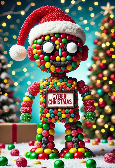 CHRC4ND7,  happy robot with Santa hat, <lora:mrpcanrnet2:1> style of paint of mrp, mrph of a carnet mrpcanrnet2 with mrpdamier on (mrpvp), covered of mrpv, cyberpunk sign that reads:("CYBER CHRISTMAS")