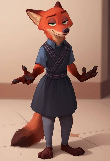 score_9, score_8_up, score_7_up, score_6_up, score_5_up, score_4_up, anthro, 1boy, nickwilde, solo, green eyes, tail, diaper, poofy diaper, mascara, lipstick, black dress, stockings, dress up, sexy look, looking at viewer, light shading