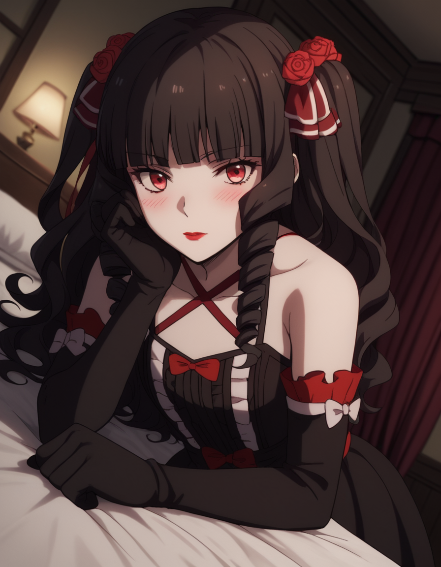 score_9, score_8_up, score_7_up, source_anime,
ayakokuroba, <lora:ayako-kuroba-s2-ponyxl-lora-nochekaiser:1>,
ayako kuroba, long hair, bangs, black hair, hair ornament, red eyes, hair ribbon, hair flower, blunt bangs, rose, drill hair, lipstick, red flower, red rose, red lips,
gloves, dress, bow, bare shoulders, collarbone, frills, detached sleeves, black gloves, elbow gloves, black dress, halterneck,
indoors, bed, bed room, on side, blush, drunk,
solo, dutch angle, looking at viewer, cowboy shot,