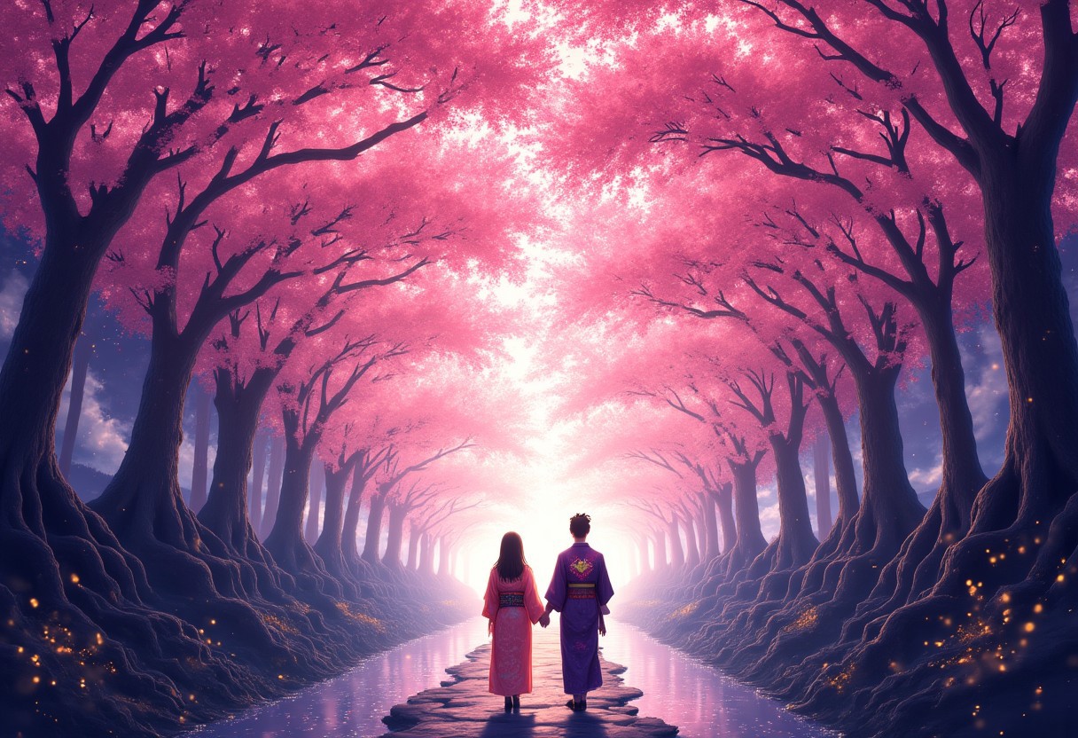 A towering tunnel of bioluminescent cherry blossoms arches over a stone path, each petal glowing with inner light in shades of pearl-pink and moon-white. Two silhouetted figures meet at the heart of the floral cathedral, their forms backlit by cascading sakura that pulse like living constellations. Delicate threads of golden pollen drift through the air, illuminating the woman’s embroidered silk kimono and the man’s haori cloak adorned with cranes. Roots of ancient trees form pew-like structures along the path, cradling pools of liquid moonlight that reflect the blossom canopy above. Soft bokeh effects, hyper-detailed petal textures, and a celestial gradient of twilight purple to dawn gold in the sky