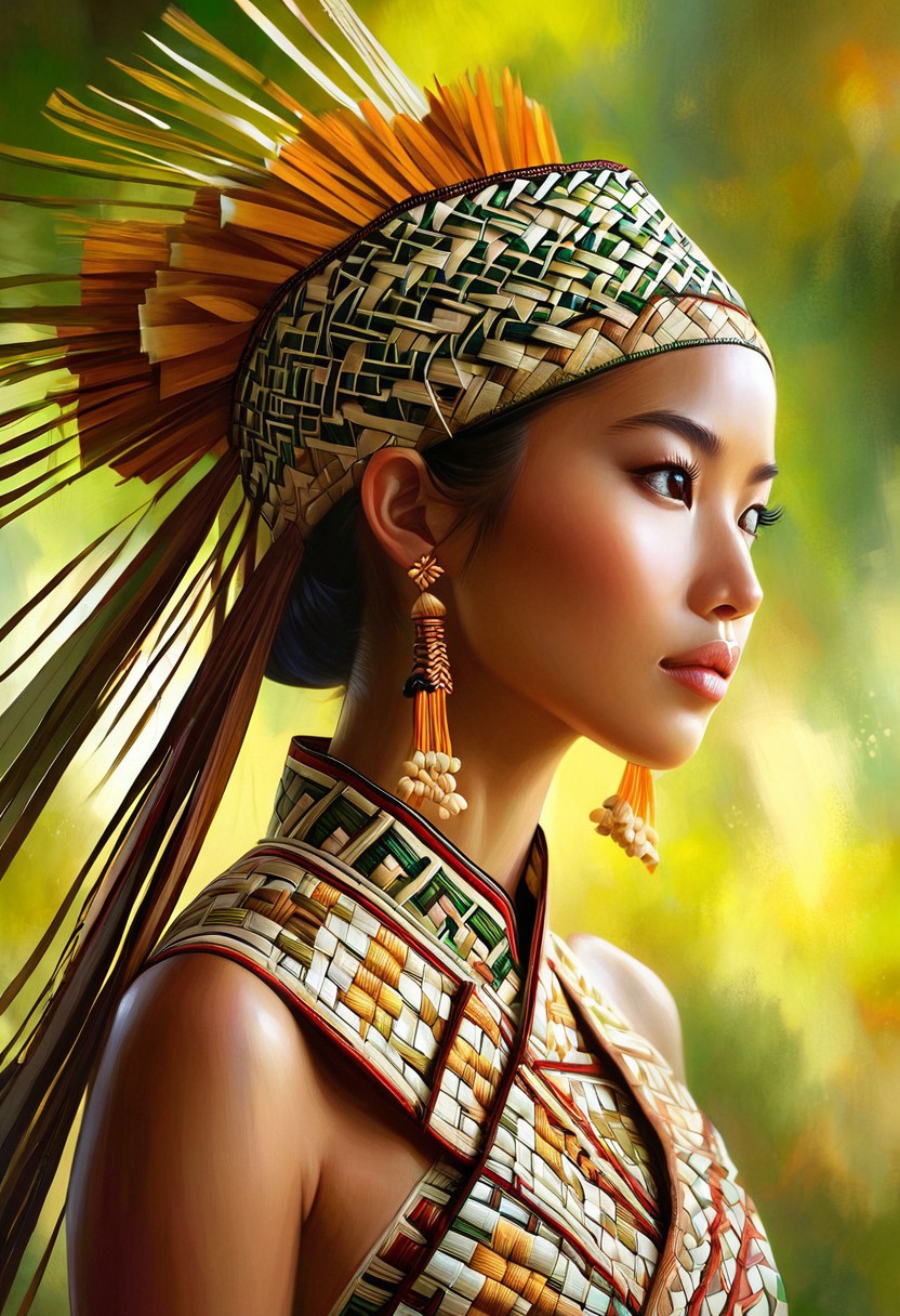 A hyper-realistic portrait of a single girl, focusing on her upper body, adorned in a ketupat-inspired outfit, with intricate woven patterns and earthy tones, set against a soft, natural light background, with a shallow depth of field, emphasizing the texture and details of the traditional Malaysian clothing, in the style of a high-fashion digital painting, with vivid colors and subtle shadows, capturing the essence of cultural heritage with modern elegance.