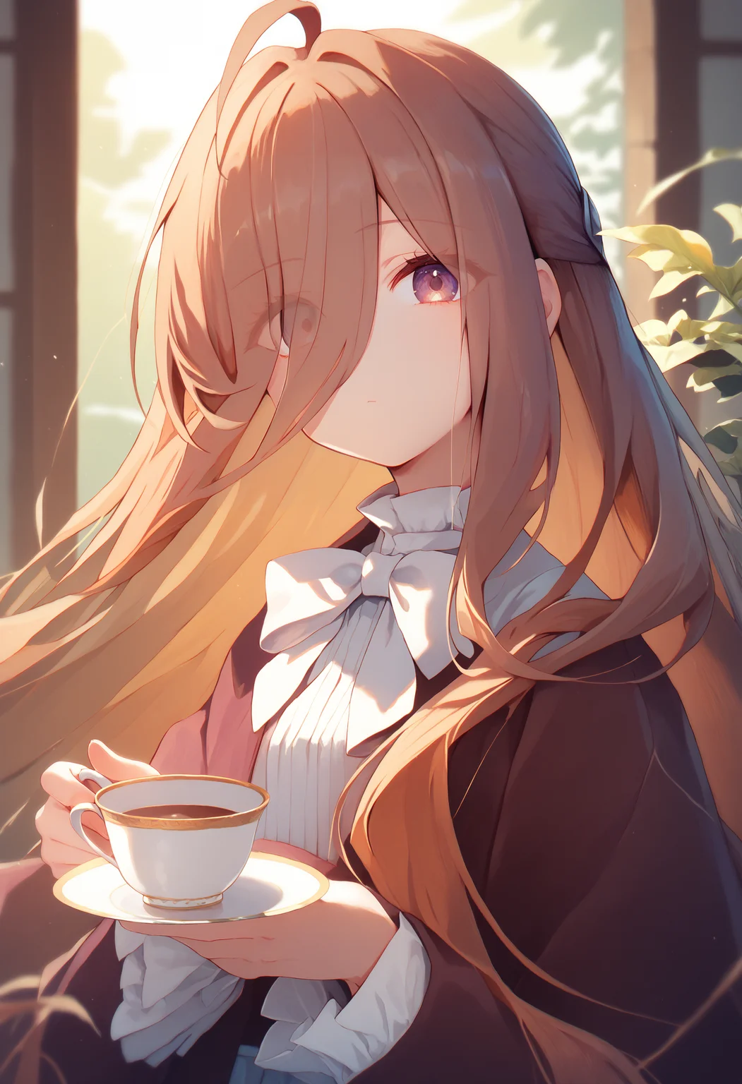 sense \(sousou no frieren\), 1girl, long hair, solo, cup, ahoge, looking at viewer, brown hair, upper body, teacup, bow, hair over one eye, closed mouth, hair between eyes, very long hair, eyes visible through hair, saucer, bowtie, white bow, <lora:sousou_no_frieren_collection_v1.2:1> score_9, score_8_up, score_7_up, score_6_up, absurdres, masterpiece, best quality, very aesthetic