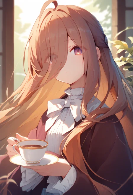 sense \(sousou no frieren\), 1girl, long hair, solo, cup, ahoge, looking at viewer, brown hair, upper body, teacup, bow, hair over one eye, closed mouth, hair between eyes, very long hair, eyes visible through hair, saucer, bowtie, white bow, <lora:sousou_no_frieren_collection_v1.2:1> score_9, score_8_up, score_7_up, score_6_up, absurdres, masterpiece, best quality, very aesthetic