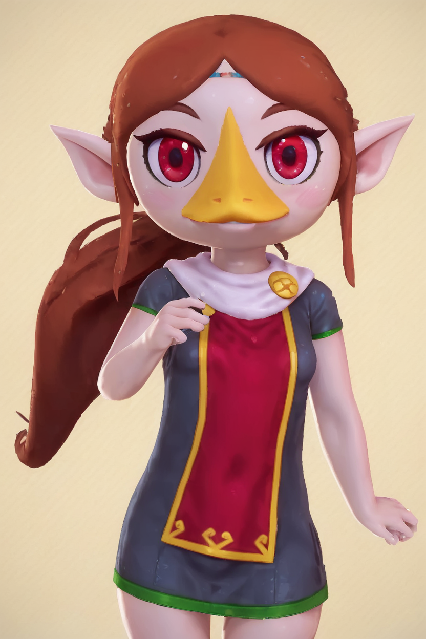 score_9, score_8_up, score_8, medium breasts, (curvy), cute, eyelashes,       BREAK, , <lora:MedliZelda_PDXL_v2:0.8>,  zzMedli, solo, 1girl, brown hair, beak, pointy ears, bird, long hair, long hair, red eyes, ponytail,, BREAK, smile, looking at viewer, cowboy shot, embedding:zPDXL, Expressiveh, <lora:Zy0n7_PDXL:1.0>,  <lora:SDXLFaeTastic2400:0.5>,  <lora:Expressive_H-000001:0.4>,
