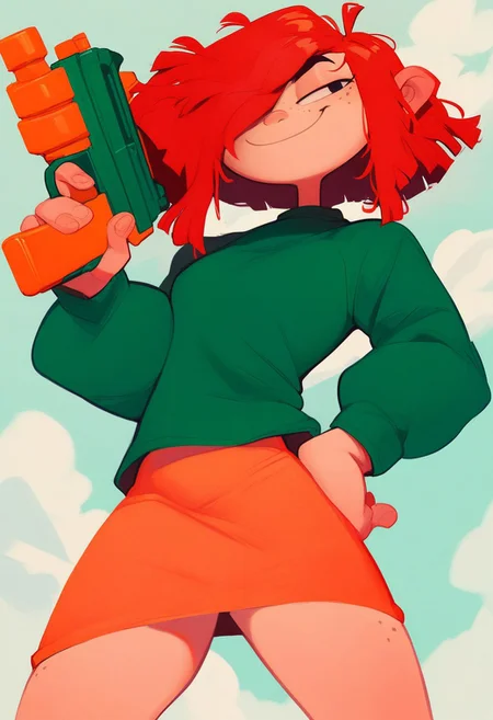 score_9, score_8_up, score_7_up, (pinup:1.1), close up, female, FF, red hair, hair over one eye, freckles, green shirt, orange skirt, smug smile, holding complex plastic squirt-gun, colorful gun