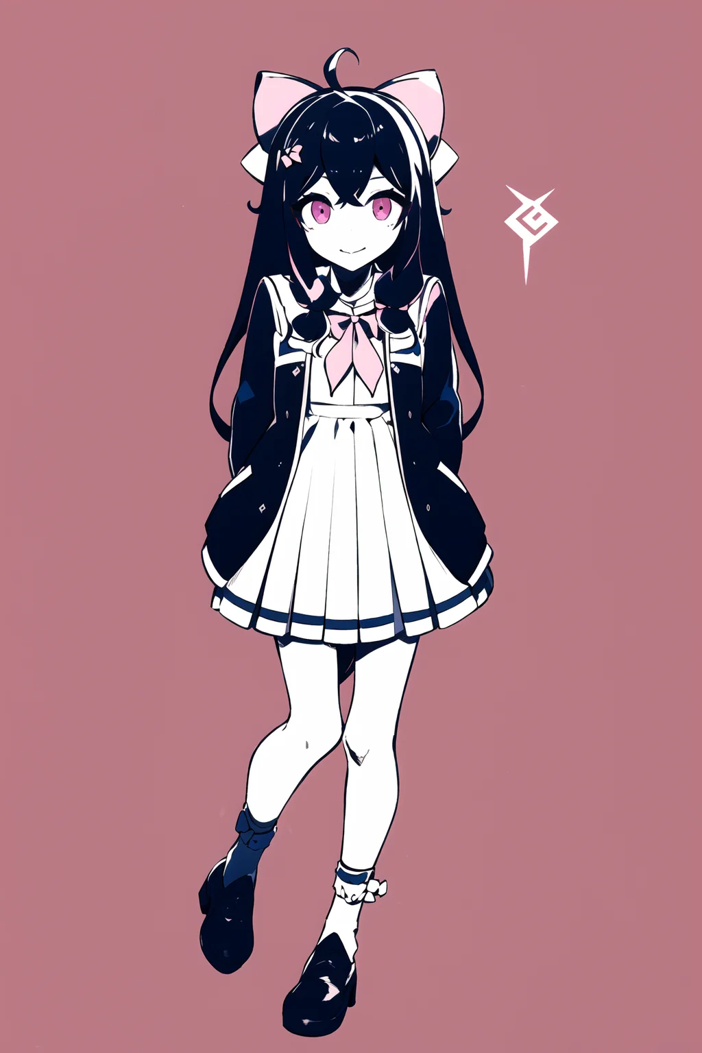 masterpiece, best quality,  1girl, solo, long_hair, looking_at_viewer, smile, bangs, skirt, simple_background, shirt, black_hair, long_sleeves, bow, long hair, monochrome, hair_bow, heart, frills, shoes, bowtie, pink_eyes, heart-shaped_pupils, pink_background, pink_shirt, arms behind back, jirai_kei,  <lora:nou:1>, closed mouth, <lora:jiaranV23:0.8>, jiaran, (official dress:1.5), brown hair, pink hair bow, neckerchief,