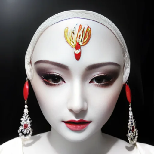 bestquality,masterpiece,highres,chinadress,hairornament,necklace,jewelry,Beautifulface,full_body,tyndalleffect,photorealistic,darkstudio,rimlighting,twotonelighting,(highdetailedskin:1.2),8kuhd,dslr,softlighting,highquality,mju, a white mask with a red eye and a white face<lora:mju-10:1>