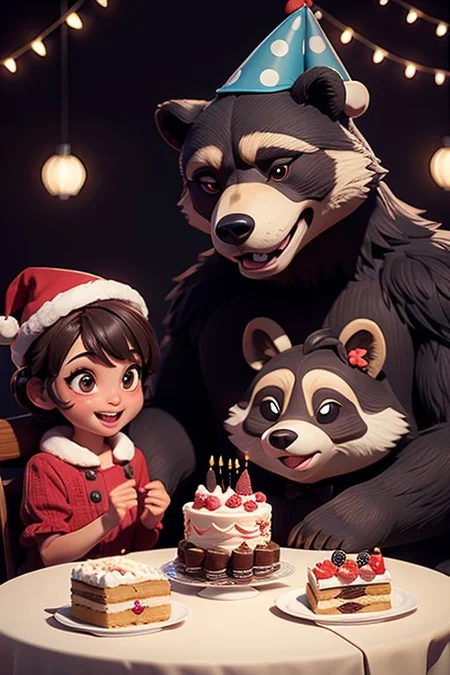 A bear and a raccoon are sitting at the table, birthday cake, in festive caps